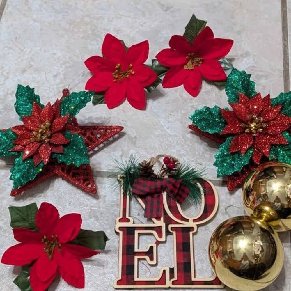 Christmas ornament bundle Poinsettia Gold Noel Buffalo Plaid Glitter lot